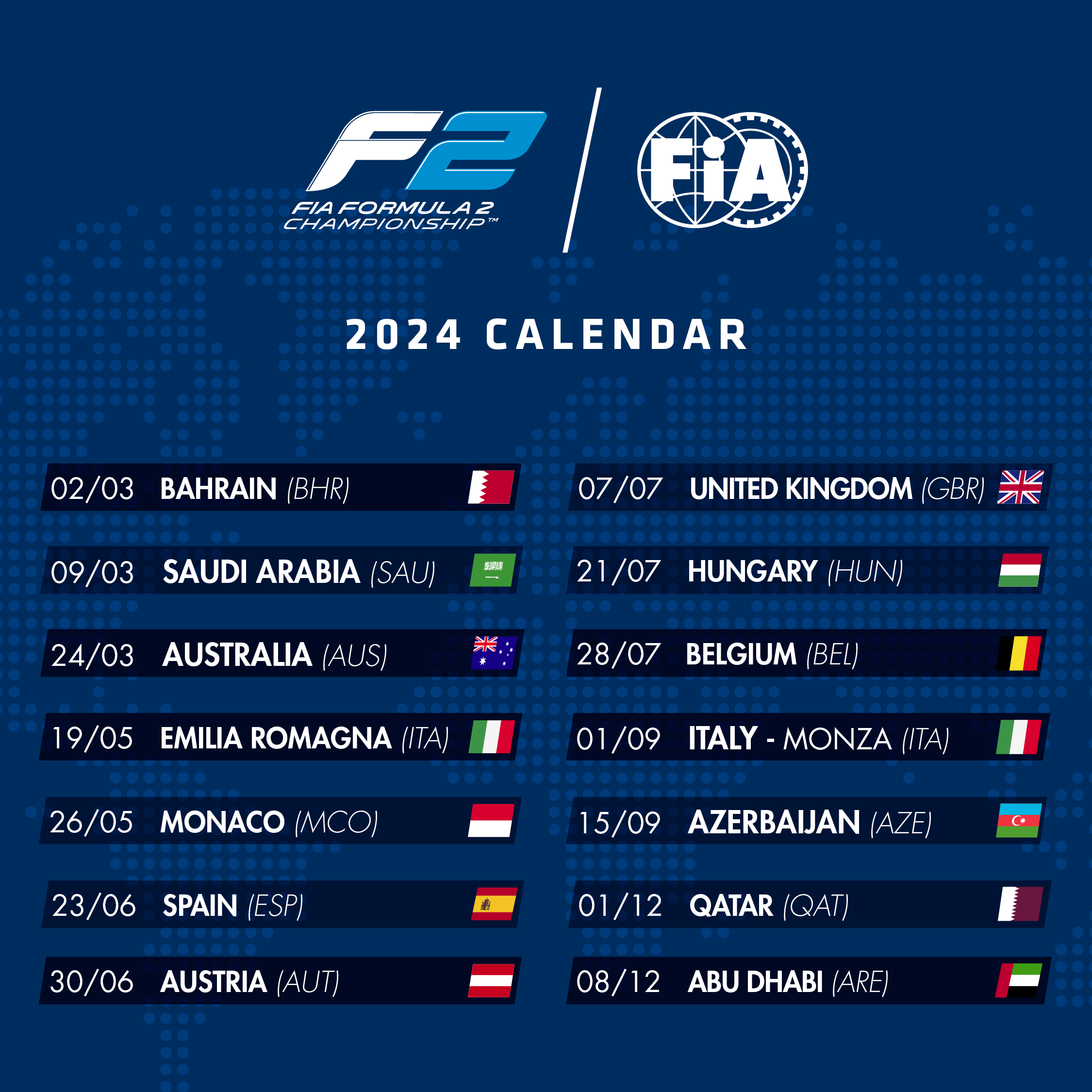 FIA Formula 2 Championship 2024 season calendar announced | Federation ...