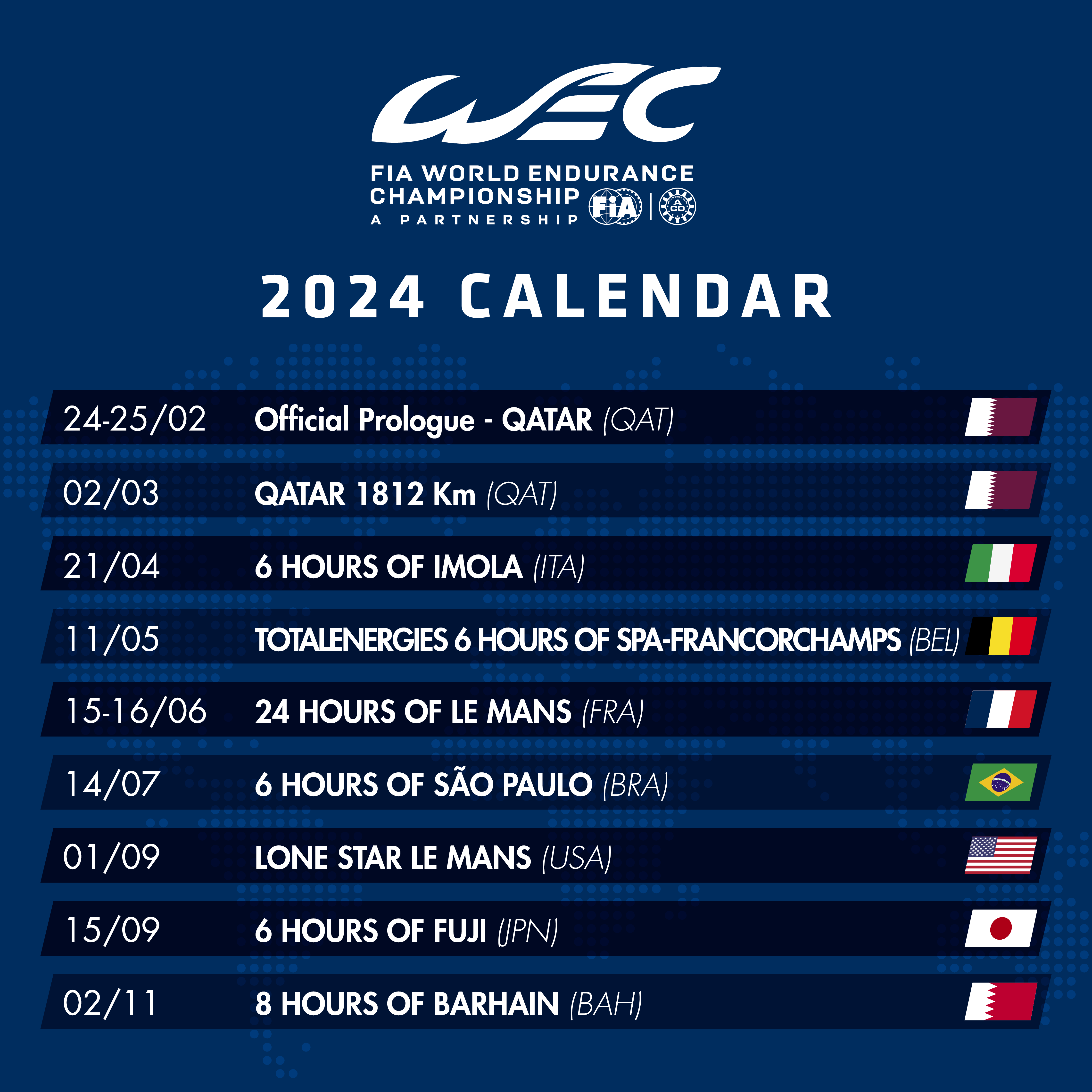 Календарь 2024 год нхл. FIA WEC 2024. WEC 2024 Calendar. WEC 2024 Катар. Календарь формулы 1 на 2024.