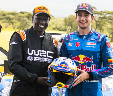 2023 WRC - Safari Rally Kenya - President William Ruto and Pierre Louis Loubet, M-Sport Ford Puma Rally1 Hybrid (photo: Jaanus Ree / Red Bull Content Pool)