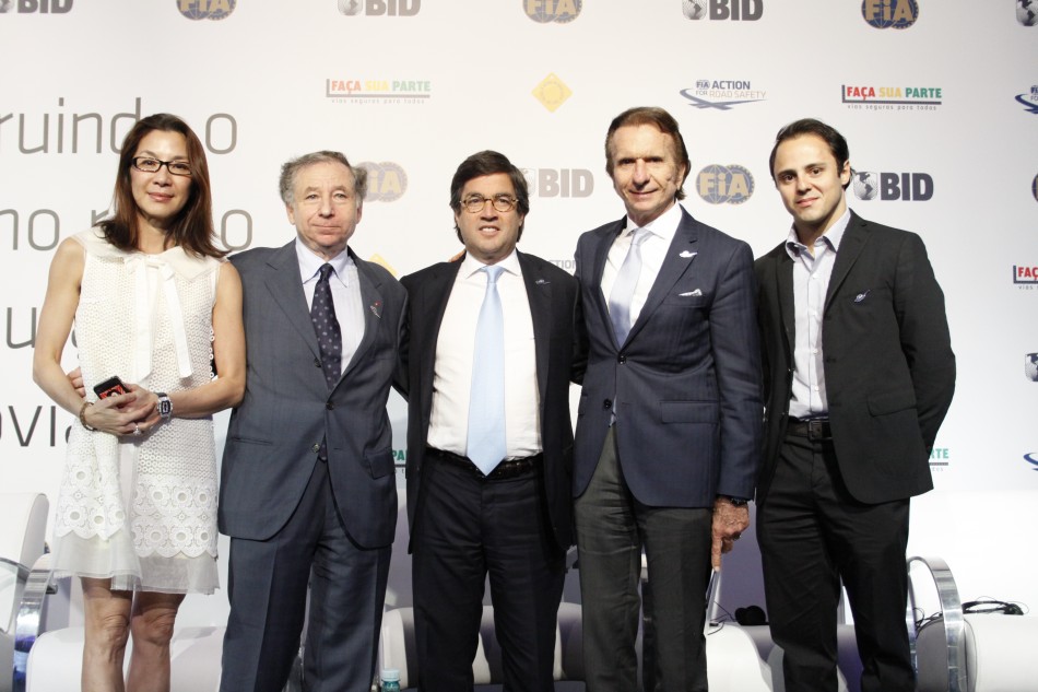Pictured an audience of key decision makers taking part in the Paving the Way to Safer Roads event, hosted by the FIA and IDB in São Paulo, Brazil from left to right: Global Road Safety Ambassador Michelle Yeoh, FIA President Jean Todt, President of the Inter-American Development Bank Luis Alberto Moreno, Motorsport Champion, Emerson Fittipaldi and F1 Driver Feilpe Massa 