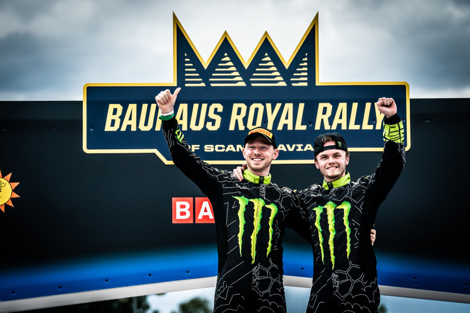 Elliott Edmondson and Oliver Solberg celebrate winning in the FIA ERC