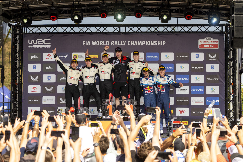 Kalle Rovanpera and Jonne Halttunen led the Rally Poland podium celebrations