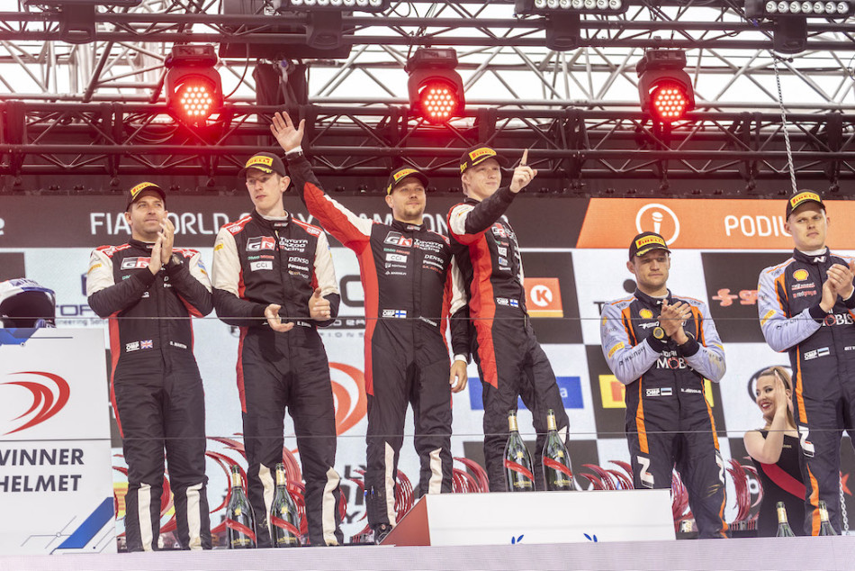 Kalle Rovanpera and Jonne Halttunen celebrate winning Rally Estonia for a second time