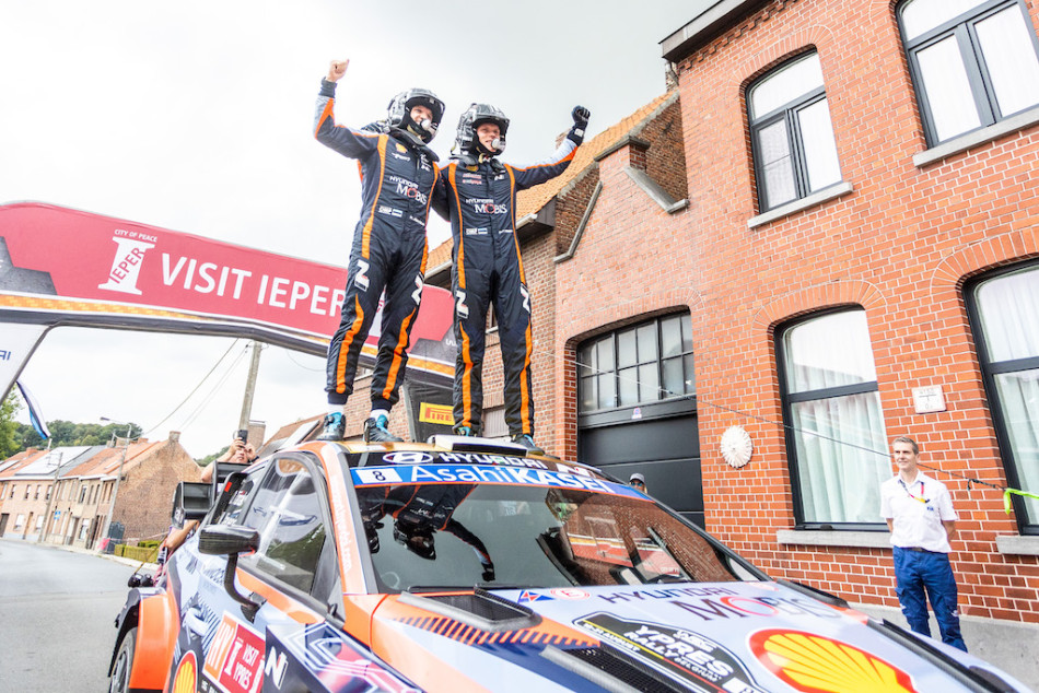 Ott Tanak and Martin Jarveoja celebrate winning Ypres Rally Belgium