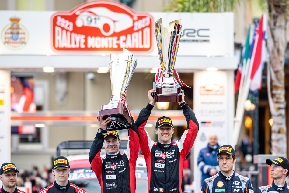 2023 WRC - Rallye Monte-Carlo - Final podium S. Ogier/V. Landais, K. Rovanperä/J. Halttunen, T. Neuville/M. Wydaeghe (photo DPPI) 2023 WRC - Rallye Monte-Carlo - Final podium S. Ogier/V. Landais, K. Rovanperä/J. Halttunen, T. Neuville/M. Wydaeghe (photo DPPI)