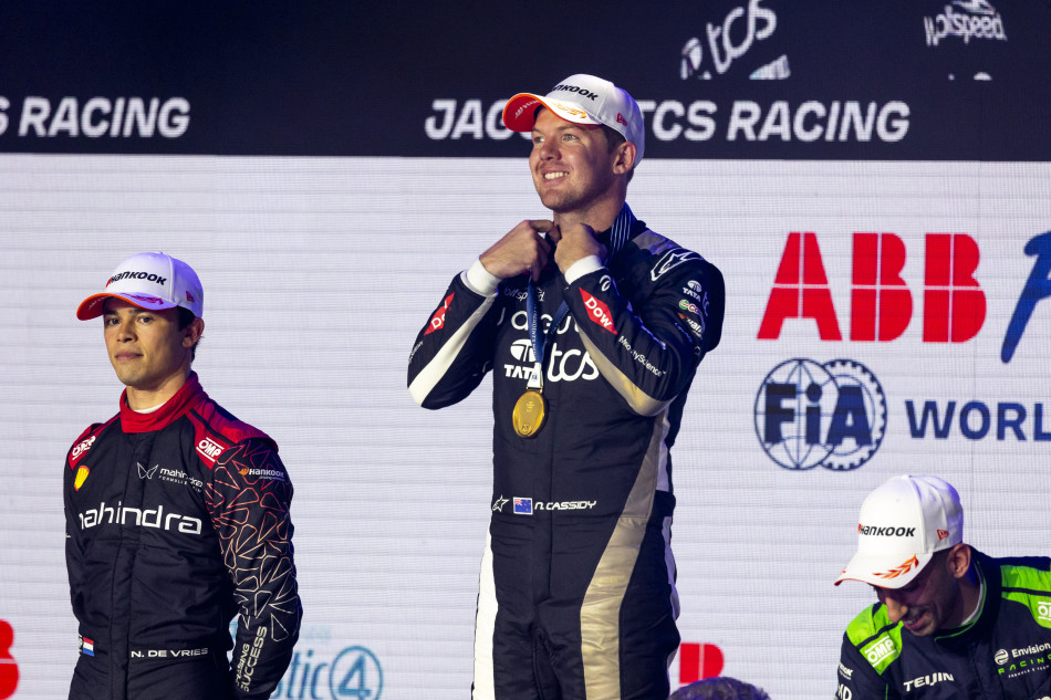 Nick Cassidy stands on the top step of the podium after winning Race 2 of the London E-Prix.