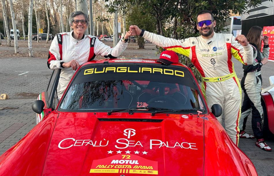 Angelo Lombardo celebrates winning the FIA EHRC season opener with co-driver Giovanni Battista Campeis