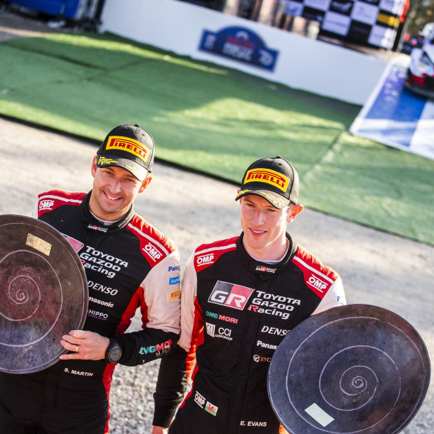 2021 WRC - Rally Finland - Scott Martin (left) and Elfyn Evans at the final event podium