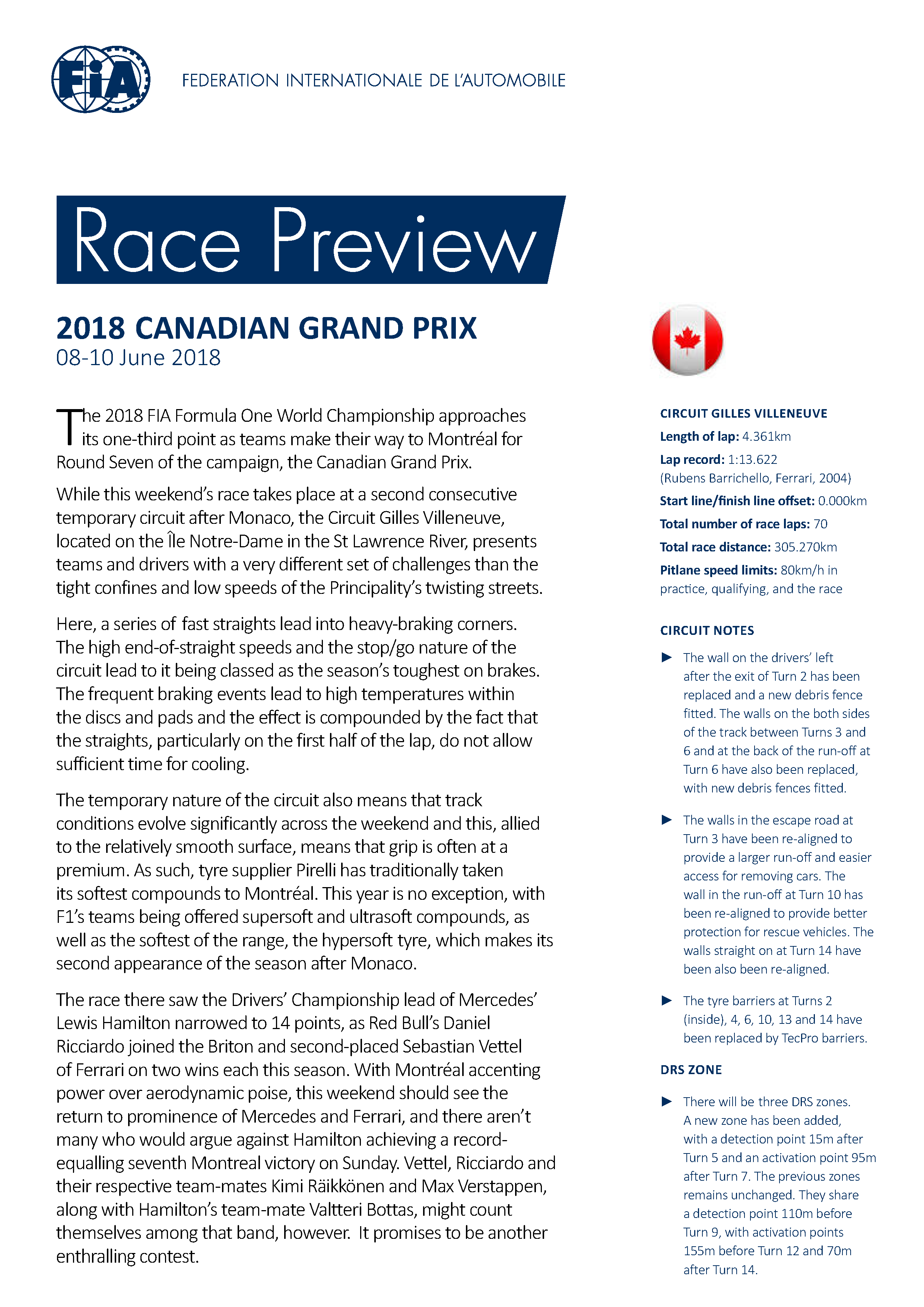 F1 2018 Canadian Grand Prix Preview Federation Internationale De L Automobile
