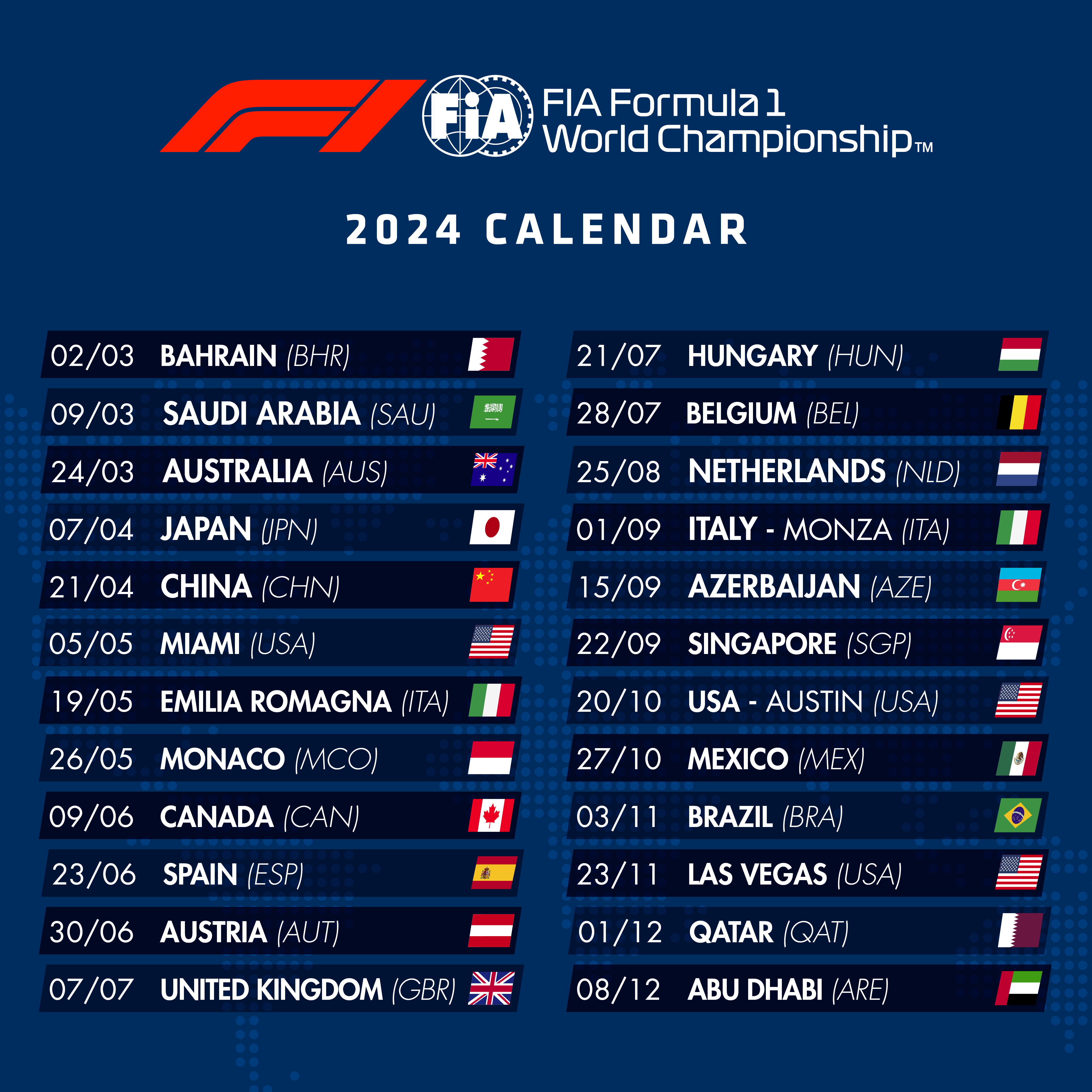2024 FIA Formula 1 Calendar Announced Federation Internationale de l