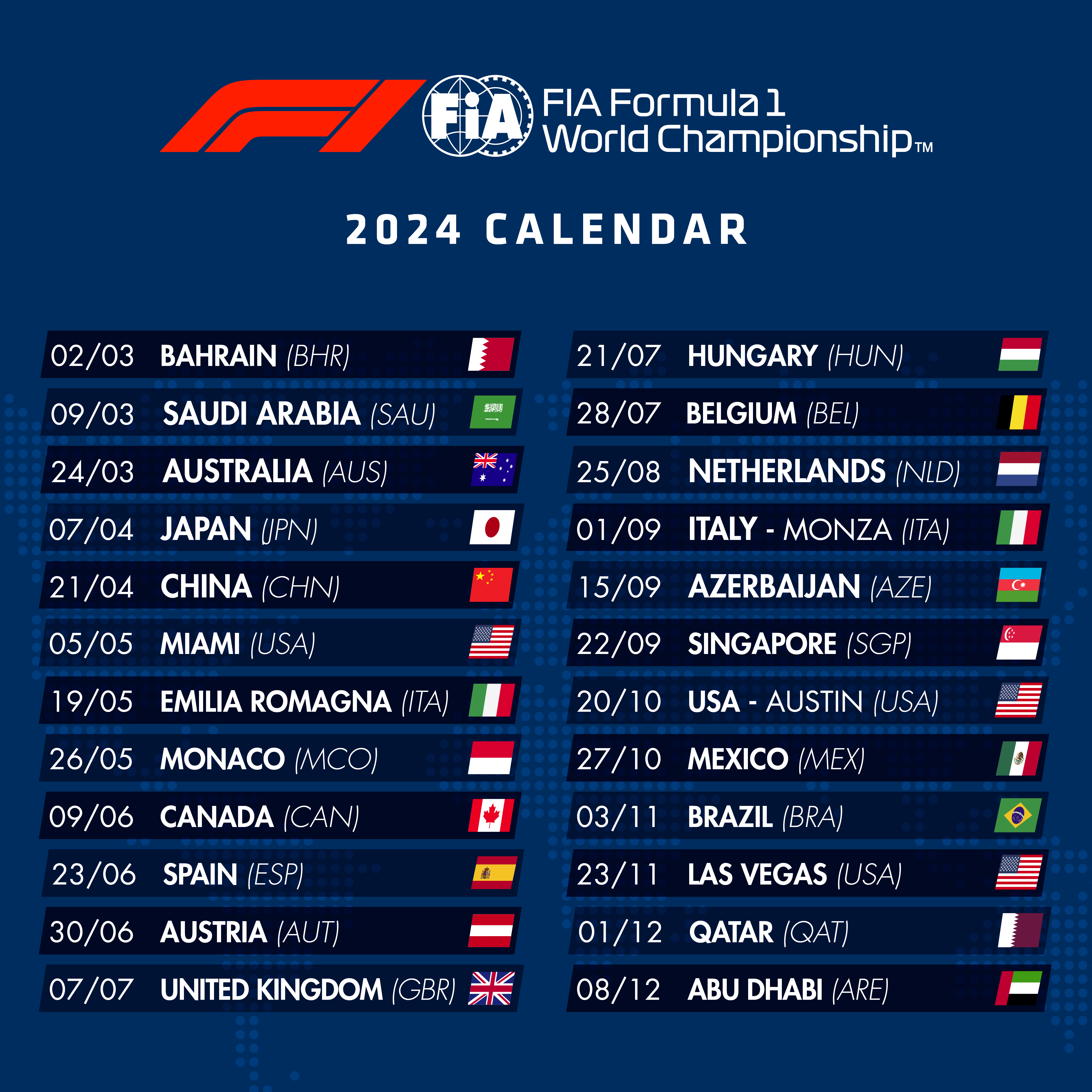 2024 FIA Formula 1 Calendar Announced  Federation Internationale de  l'Automobile