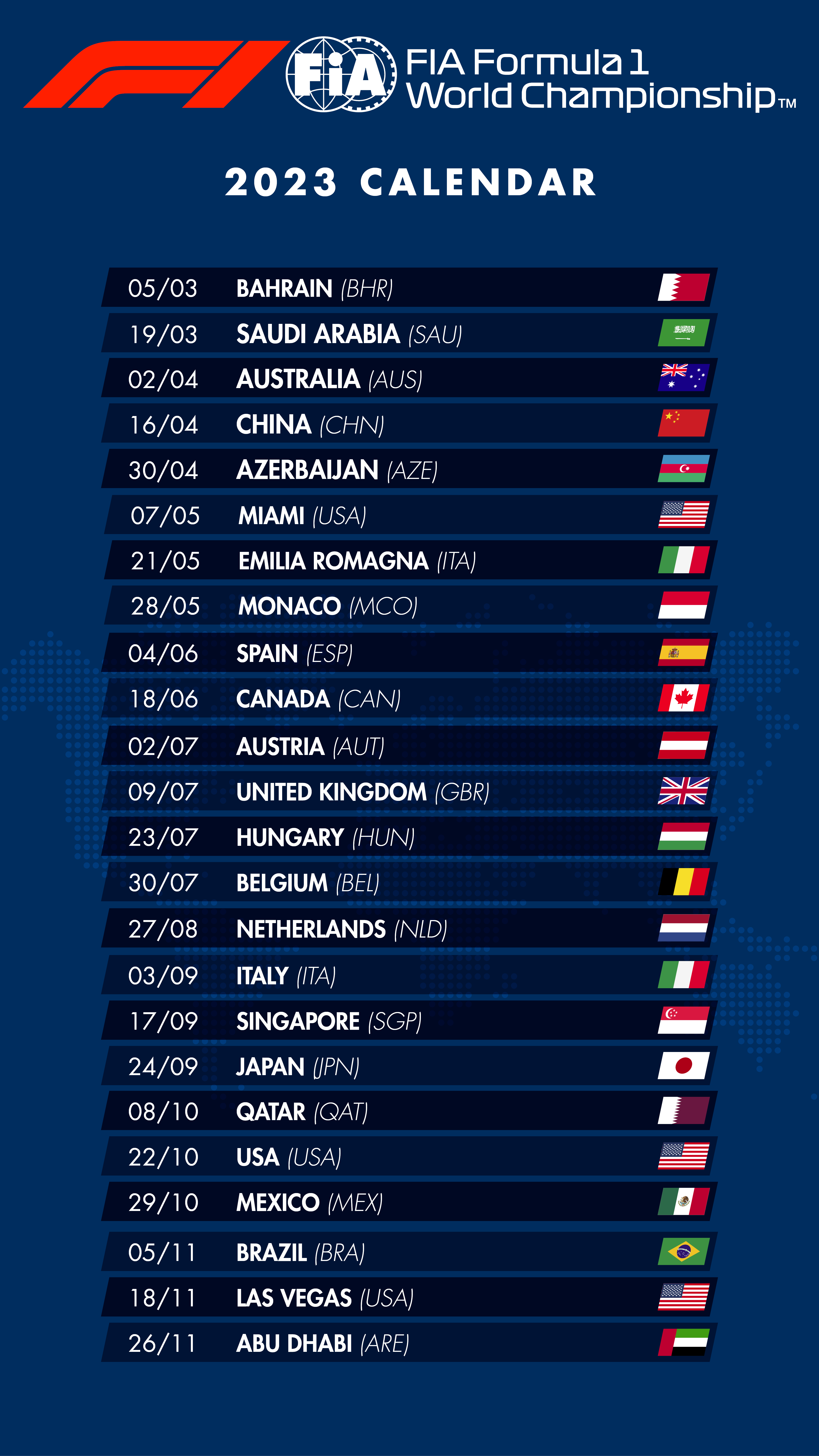 Le calendrier 2023 du Championnat du Monde de Formule 1 de la FIA