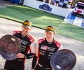 2021 WRC - Rally Finland - Scott Martin (left) and Elfyn Evans at the final event podium