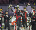 2023 Forul8 Rally Japan - Elfyn Evans / Scott Martin, Sébastien Ogier / Vincent Landais, Kalle Rovanperä / Jonne Halttunen, Akio Toyoda, Jari-Matti Latvala, final podium, Toyota Gazoo Racing WRT, Toyota Yaris Rally1 Hybrid (photo Nikos Katikis / DPPI)